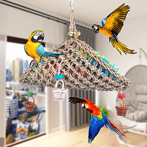 Pájaro Seagrass Juguetes Tejidos Parrot Juguetes Trituradores Bloques de Madera Picos Masticar Juguetes Cesta de forraje para Cockatiel Periquito Accesorios de jaula (Set-A)