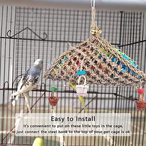 Pájaro Seagrass Juguetes Tejidos Parrot Juguetes Trituradores Bloques de Madera Picos Masticar Juguetes Cesta de forraje para Cockatiel Periquito Accesorios de jaula (Set-A)