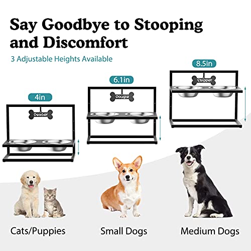 Pawaboo Comedero para Perros Gatos, 3 Alturas Ajustables Cuenco Elevado para Mascotas Acero Inoxidable, con DIY Placa de Identificación y Marcar Pluma para Perros Gatos Pequeños Medianos - Negro