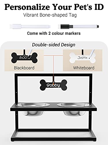 Pawaboo Comedero para Perros Gatos, 3 Alturas Ajustables Cuenco Elevado para Mascotas Acero Inoxidable, con DIY Placa de Identificación y Marcar Pluma para Perros Gatos Pequeños Medianos - Negro