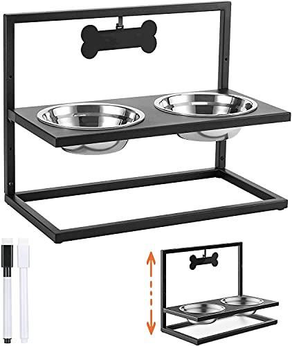 Pawaboo Comedero para Perros Gatos, 3 Alturas Ajustables Cuenco Elevado para Mascotas Acero Inoxidable, con DIY Placa de Identificación y Marcar Pluma para Perros Gatos Pequeños Medianos - Negro