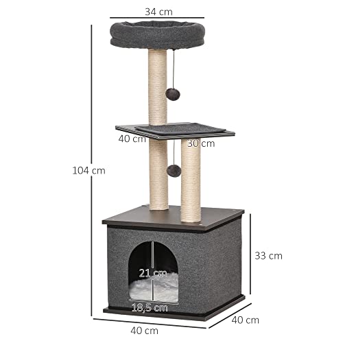 PawHut Árbol para Gatos con Cueva de Fieltro Desmontable Postes Rascadores de Sisal Natural Cama Superior Cojines Extraíbles y 2 Bolas de Juguete 40x40x104 cm Gris