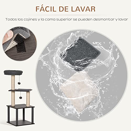 PawHut Árbol para Gatos con Cueva de Fieltro Desmontable Postes Rascadores de Sisal Natural Cama Superior Cojines Extraíbles y 2 Bolas de Juguete 40x40x104 cm Gris