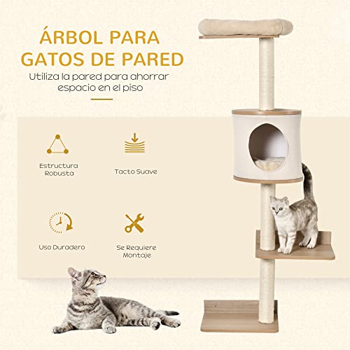 PawHut Árbol para Gatos de Pared con Múltiples Plataformas Cueva Cama Superior Cojín Extraíble Postes Rascadores de Sisal Torre para Escalar 38x30x149 cm Beige y Roble