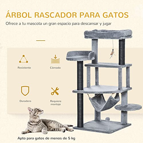 PawHut Árbol Rascador para Gatos 48x48x107 cm con Cueva de Fieltro Desmontable Hamaca Camas de Felpa Múltiples Plataformas Postes Rascadores de Sisal y Juguetes Gris