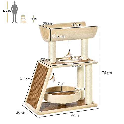 PawHut Árbol Rascador para Gatos 60x30x76 cm con Cama de Lino Postes Rascadores de Sisal Natural Plataforma Tipo Túnel Rampa y Juguetes Colgantes Beige y Marrón