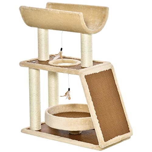 PawHut Árbol Rascador para Gatos 60x30x76 cm con Cama de Lino Postes Rascadores de Sisal Natural Plataforma Tipo Túnel Rampa y Juguetes Colgantes Beige y Marrón