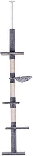 Pawhut Árbol Rascador para Gatos Árbol Escalador de Gato para Fijar al Techo Altura Ajustable con Plataformas Hamaca y Postes de Sisal 40x34x230-260 cm Gris