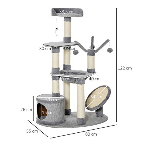Pawhut Árbol Rascador para Gatos con Hamaca Plataformas Juguetes Colgantes de Felpa Suave y Postes para Rascar de Sisal Natural 80x55x122 cm Gris
