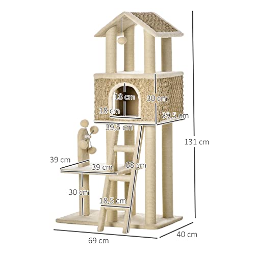 PawHut Árbol Rascador para Gatos Grande Altura 131 cm con Cueva Postes de Sisal Natural Plataformas Bola Colgante y Molino de Viento de Juguete 69x40x131 cm Beige
