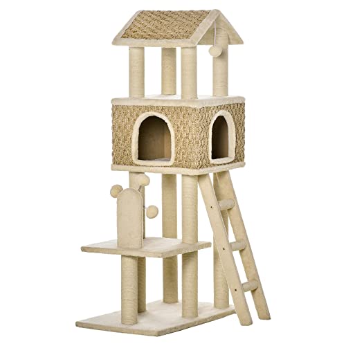 PawHut Árbol Rascador para Gatos Grande Altura 131 cm con Cueva Postes de Sisal Natural Plataformas Bola Colgante y Molino de Viento de Juguete 69x40x131 cm Beige