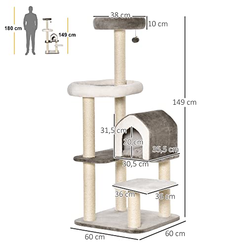 PawHut Árbol Rascador para Gatos Grande Altura 149 cm con Cueva Cama Superior Múltiples Plataformas de Felpa Postes de Sisal y Bola de Juguete 60x60x149 cm Marrón y Beige