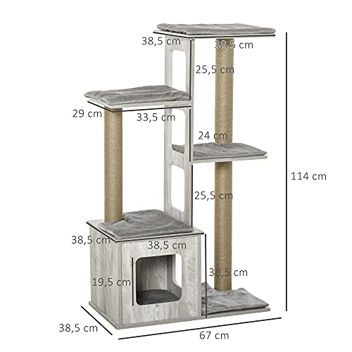 Pawhut Árbol Rascador para Gatos Torre de Escalada de Gatos con Cueva Múltiples Plataformas y Postes de Rascar de Yute Juego y Descanso 67x38,5x114 cm Gris
