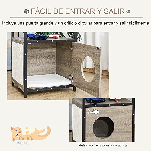 Pawhut Casa para Gatos de Madera con Apariencia de Mesa Auxiliar Cueva con Cojín Extraíble Puerta con Orificio y Alfombrilla Rascadora 48x40x64,5 cm Roble Gris