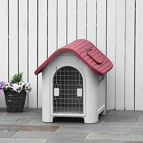 Pawhut Caseta para Perro con Puerta Extraíble Base Elevada 3 Respiraderos y Ventana Abrible Caseta de Perros para Interior y Exterior 59x75x66 cm Gris Rojo