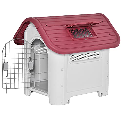 Pawhut Caseta para Perro con Puerta Extraíble Base Elevada 3 Respiraderos y Ventana Abrible Caseta de Perros para Interior y Exterior 59x75x66 cm Gris Rojo