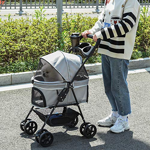 Pawhut Cochecito para Mascotas Plegable Carrito para Perros Desmontable Acero Tela Oxford Ruedas Giratorias Frenos Ventana para Perros Gatos Pequeñitos 67x45x96 cm Gris