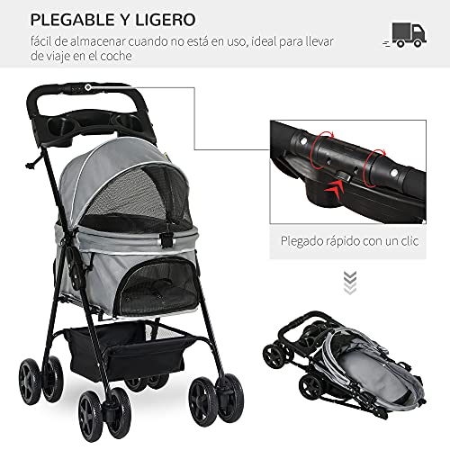 Pawhut Cochecito para Mascotas Plegable Carrito para Perros Desmontable Acero Tela Oxford Ruedas Giratorias Frenos Ventana para Perros Gatos Pequeñitos 67x45x96 cm Gris