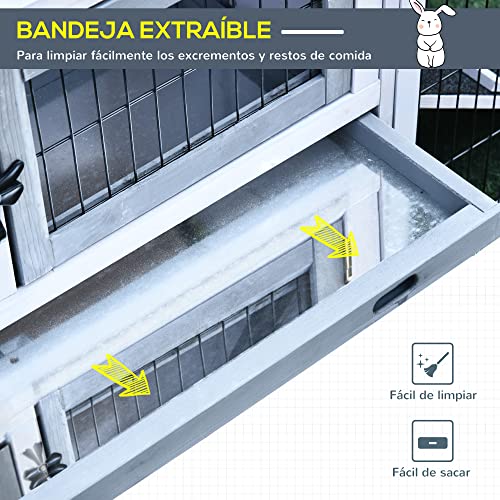 PawHut Conejera de Exterior Hecha de Madera Jaula para Conejos con Múltiples Entradas Bandeja Extraíble y Lavable Gran Espacio Interior Color Gris Techo Verde 150x52.5x68cm