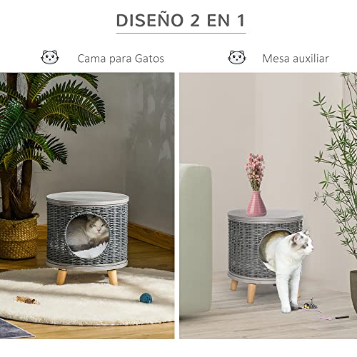 PawHut Cueva para Gatos de Ratán Ø36x40,5 cm Cesta para Gatos Rolliza con Cojín Lavable Plataforma y Patas de Madera de Pino Extraíble Gris