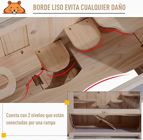 Pawhut Jaula Madera para Hámster Ratoncillos Roedores Casa para Animales Pequeños 2 Niveles 60x35x42cm