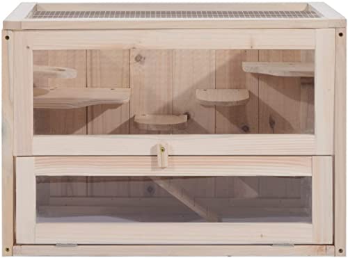 Pawhut Jaula Madera para Hámster Ratoncillos Roedores Casa para Animales Pequeños 2 Niveles 60x35x42cm