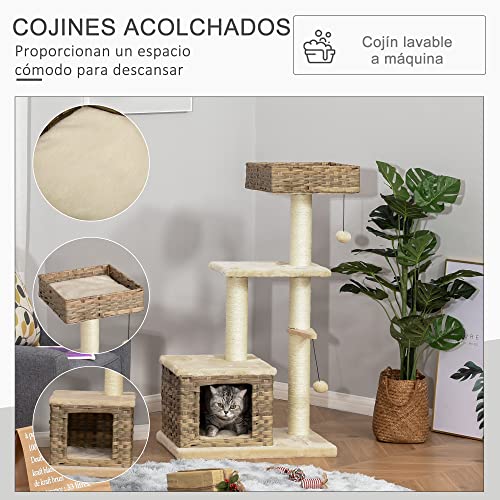 PawHut Rascador Árbol para Gatos 60x40x109 cm con Plataformas Cueva Cama Bolas de Juego y Postes de Rascar de Sisal Natural Beige y Marrón