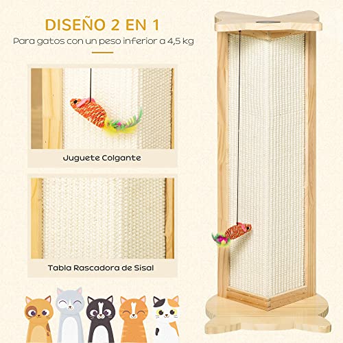 PawHut Rascador de Gatos para Esquina 25x23x62 cm Madera de Pino Tabla Rascadora Esquinera de Sisal Natural con Juguete Colgante Color Natural