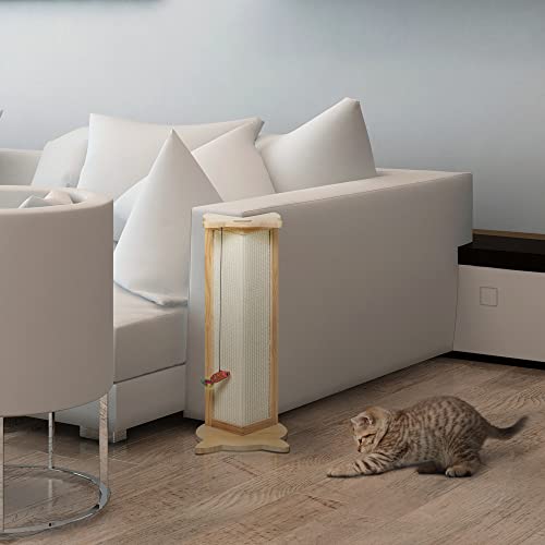 PawHut Rascador de Gatos para Esquina 25x23x62 cm Madera de Pino Tabla Rascadora Esquinera de Sisal Natural con Juguete Colgante Color Natural