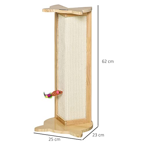 PawHut Rascador de Gatos para Esquina 25x23x62 cm Madera de Pino Tabla Rascadora Esquinera de Sisal Natural con Juguete Colgante Color Natural