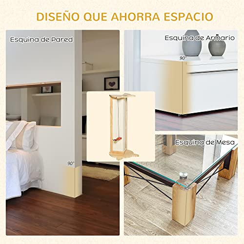 PawHut Rascador de Gatos para Esquina 25x23x62 cm Madera de Pino Tabla Rascadora Esquinera de Sisal Natural con Juguete Colgante Color Natural