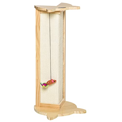 PawHut Rascador de Gatos para Esquina 25x23x62 cm Madera de Pino Tabla Rascadora Esquinera de Sisal Natural con Juguete Colgante Color Natural