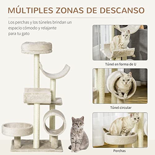 Pawhut Rascador para Gatos Árbol Rascador Grande Plataformas Tubo de Juego Bola de Juego 50x40x105cm