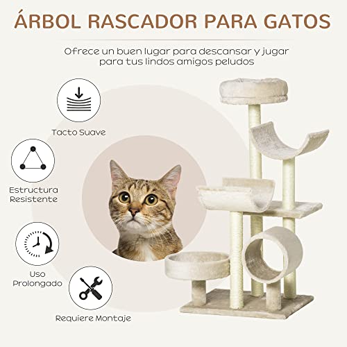 Pawhut Rascador para Gatos Árbol Rascador Grande Plataformas Tubo de Juego Bola de Juego 50x40x105cm