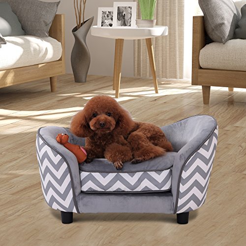 PawHut Sofá para Mascotas Sofá Acolchado para Perros y Gatos de Madera con Cojín Grueso Patas y Bolsillo de Almacenaje 68,5x40,5x40,5 cm Gris