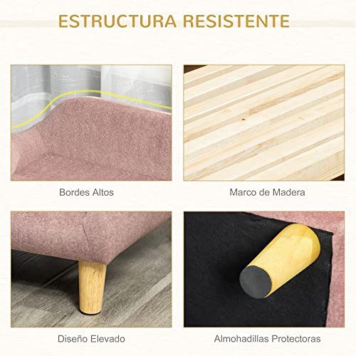 PawHut Sofá para Mascotas Tapizado en Terciopelo Suave Sofá Cama para Perros Gatos Medianos Pequeños Acolchado Grueso con Patas de Madera 70x40x28 cm Rosa