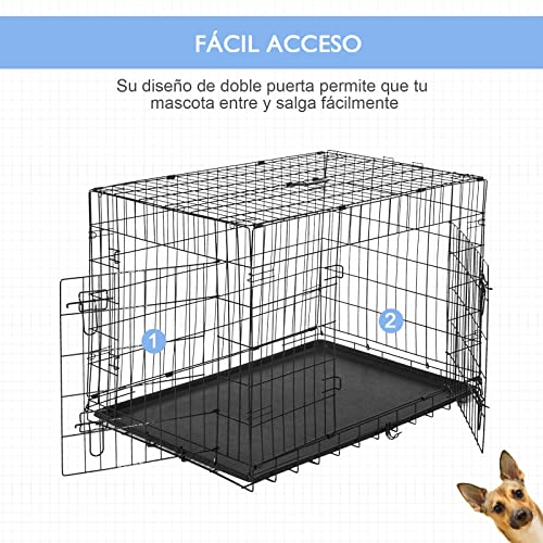 PawHut Transportín de Perro de 2 Puertas Jaula de Alambre para Perros Plegable con Asa Acero 106x71x76cm Negro