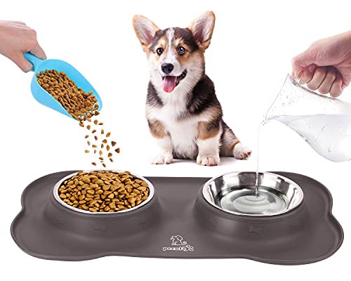 Pecute Comedero para Gatos Perros Mascotas de Acero Inoxidable Base de Silicona Antideslizante con Bolsa para heces de Perro y dispensador y Pinza para Correa(L(750ml*2), Marrón)