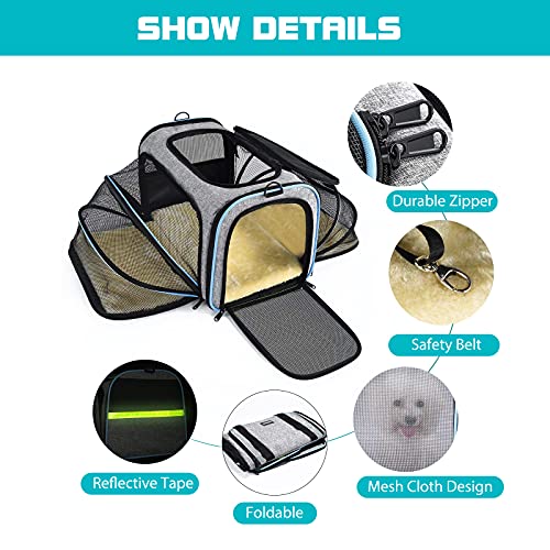PETCUTE Transportín para Perros, Ampliable a Doble Cara,Transpirable y Plegable Bolsa de Transporte para Mascotas,Portador de Viaje con con Colchón Suave y Cinturón de Seguridad Interno