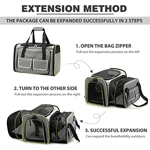PETCUTE Transportín Perro Gato,Transportín para Perros, Ampliable a Doble Cara,Transpirable y Plegable Bolsa de Transportar Mascotas,Portador de Viaje con con Colchón Suave y Bolsillos Laterales