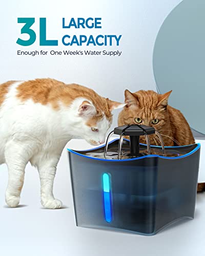 Peteast Fuente para Gatos, 3L Bebedero Gatos Ultra Silenciosa con Ventana de Nivel de Agua, con Luz LED Fuente Agua Gatos, con Filtro De Carbón Activado Y Bomba De Agua.