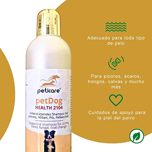 Peticare Perro Champu contra Picor, Anti-Pulgas y Anti-Acaros - Tratamiento para Anti-Parasitos y Repelente, Detiene Picores Fuerte, Shampoo, Ingredientes eficaces - petDog Health 2104