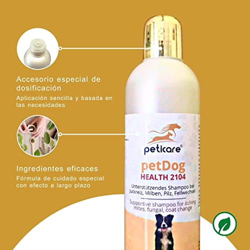 Peticare Perro Champu contra Picor, Anti-Pulgas y Anti-Acaros - Tratamiento para Anti-Parasitos y Repelente, Detiene Picores Fuerte, Shampoo, Ingredientes eficaces - petDog Health 2104