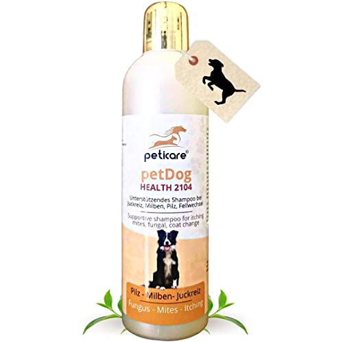 Peticare Perro Champu contra Picor, Anti-Pulgas y Anti-Acaros - Tratamiento para Anti-Parasitos y Repelente, Detiene Picores Fuerte, Shampoo, Ingredientes eficaces - petDog Health 2104