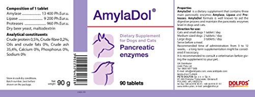 PETS Dolfos AmylaDol 90 Tabletas Enzimas Pancreáticas/Digestivas Amilasa, Lipasa y Proteasas para Gatos y Perros Ayuda Digestiva