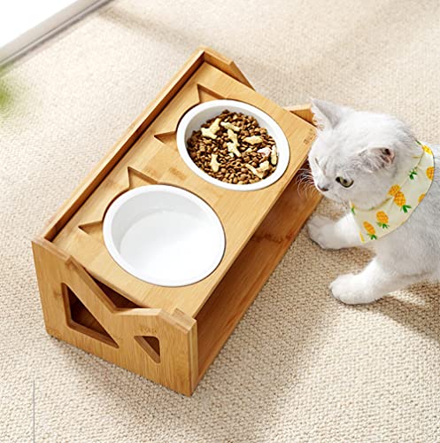 Petsoigné Cuenco para Gatos Perros Elevado Comedero Gato Perro en Cerámica/Acero Inoxidable con Soporte de Madera (Altura Ajustable, Cerámica)