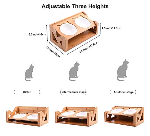 Petsoigné Cuenco para Gatos Perros Elevado Comedero Gato Perro en Cerámica/Acero Inoxidable con Soporte de Madera (Altura Ajustable, Cerámica)