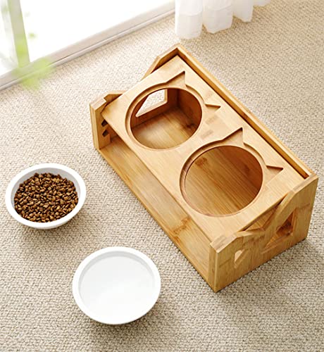 Petsoigné Cuenco para Gatos Perros Elevado Comedero Gato Perro en Cerámica/Acero Inoxidable con Soporte de Madera (Altura Ajustable, Cerámica)