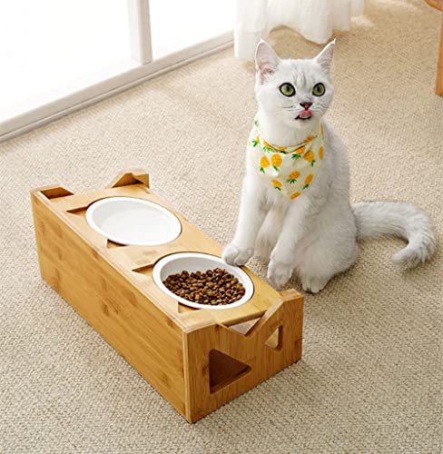 Petsoigné Cuenco para Gatos Perros Elevado Comedero Gato Perro en Cerámica/Acero Inoxidable con Soporte de Madera (Altura Ajustable, Cerámica)