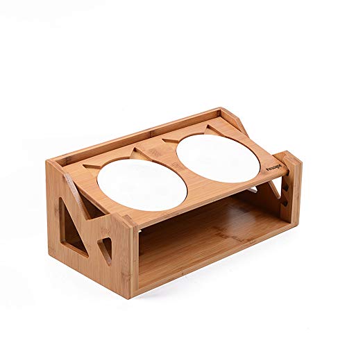 Petsoigné Cuenco para Gatos Perros Elevado Comedero Gato Perro en Cerámica/Acero Inoxidable con Soporte de Madera (Altura Ajustable, Cerámica)
